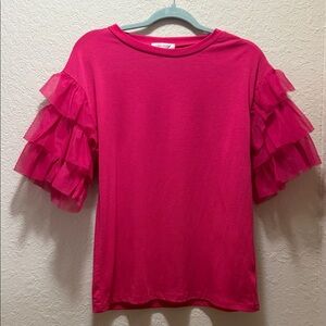 Like New, Ruffled Sleeve Short-Sleeve Top in Hot Pink, Size S